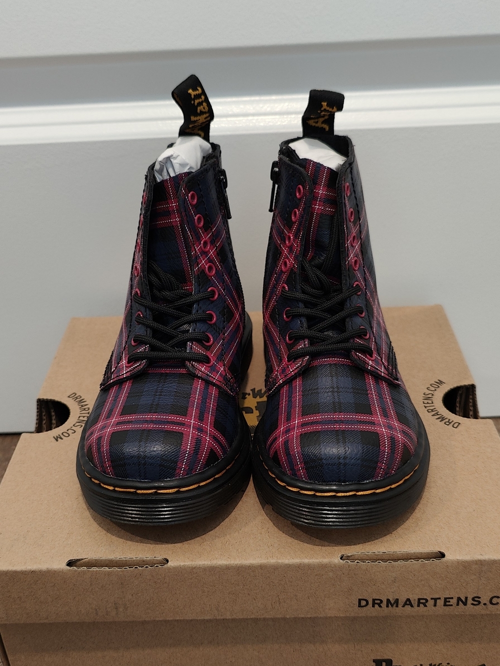 Dr. Martens 1460 PASCAL Plaid Lace-Up Boots in Navy & Pink